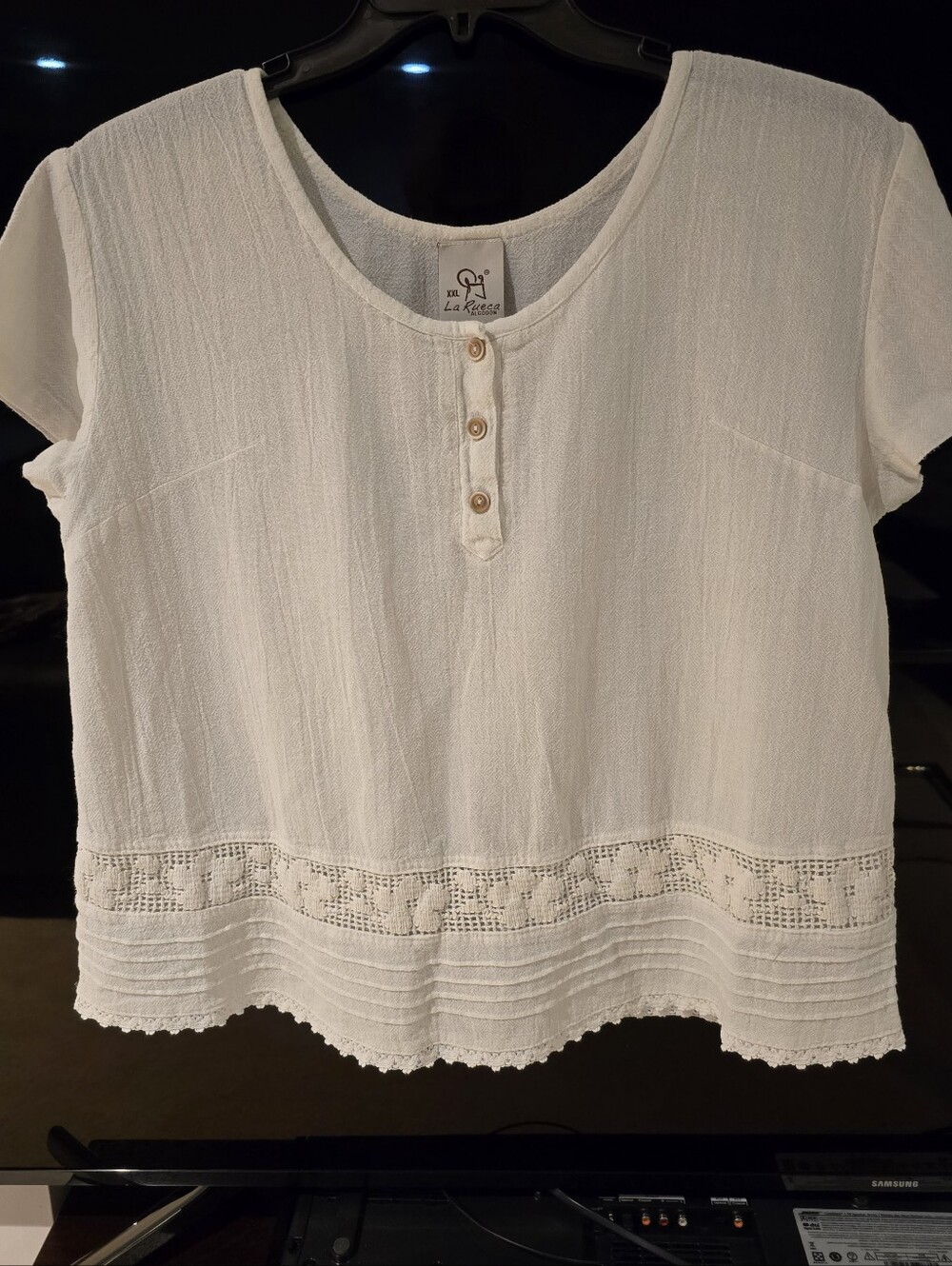 White Cotton Short-Sleeve Henley Top with Crocheted Trim